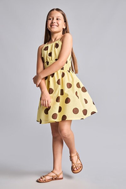 DeFacto 100% Cotton Sleeveless Light Yellow Polka Dot Mini Dress for Girls I1...