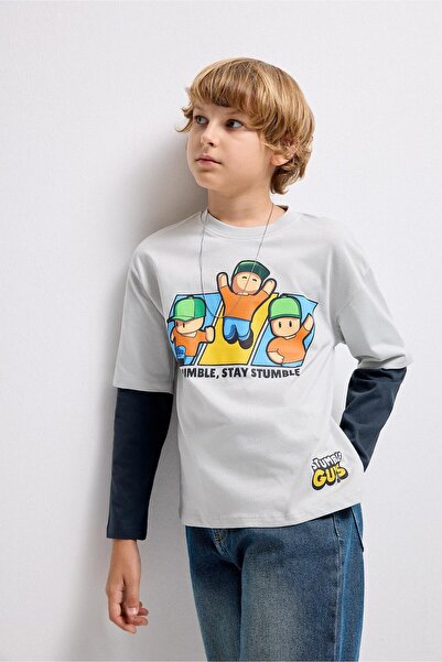 DeFacto 100% Cotton Stumble Guys Oversized Crew Neck Long Sleeve T-Shirt Boys...