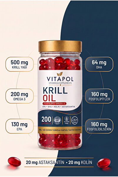 Vitapol Krill Oil Complex 200 Kapsül Astaxanthin, Choline, Phosphatidylserine, Omega3, Epa Dha (yenilenen ambalaj)