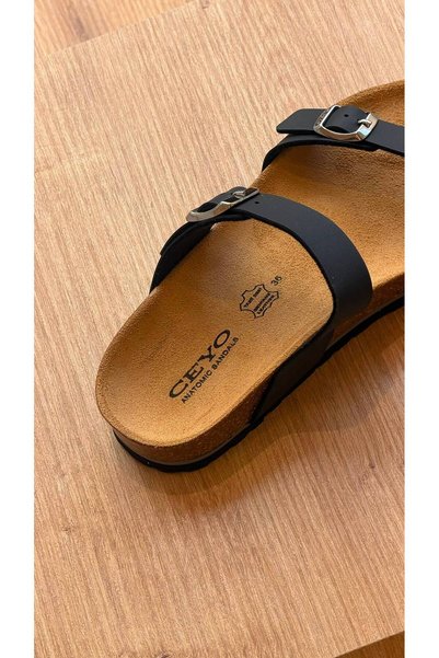 Ceyo 9910-z34 شبشب نسائي من الجلد الطبيعي باللون الأسود - نعل من الفلين