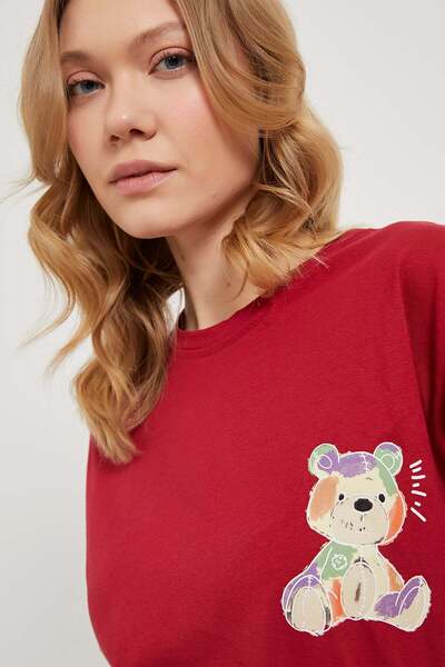 Arma Life Women's Front Back Teddy Bear Printed Oversize Claret Red T-Shirt