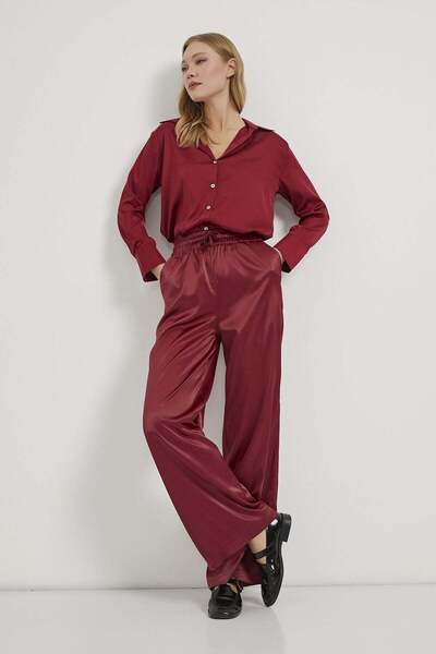 Arma Life Pantaloni de damă din satin bordeaux cu talie elastică și picioare ...