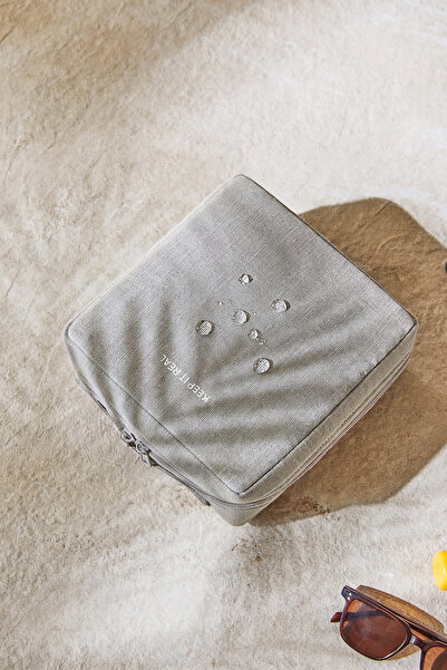 Ocean Home Textile Termal Yalıtımlı Güneşten Koruyan Su İtici Leke Tutmaz Gri Jüt Keten Makyaj İlaç Çantası 20x21x11