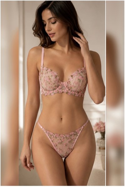 ROSELİA LİNGERİE Lace Floral Patterned Underwire Unpadded Bra and Panty Set Women's Lingerie