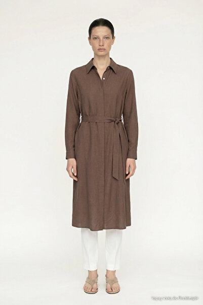 Zühre Belted Metal Button Detailed Classic Collar Brown Tunic 1628