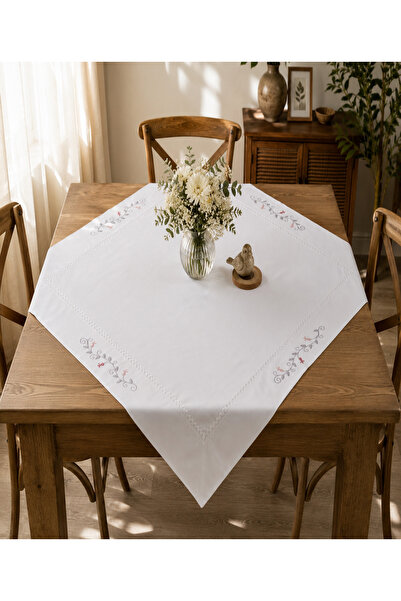 ÖDEL HOME White - Gray Buldan Fabric Elegant Embroidered 90X90 cm Tablecloth