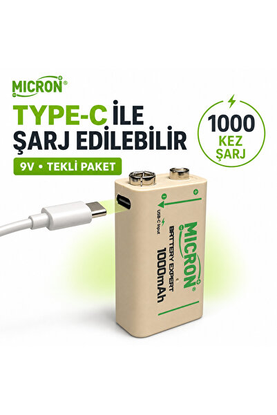 Micron 9V Şarj Edilebilir Lityum Pil 1000 Döngü USB Type-C Yassı Pil , 9V Pil