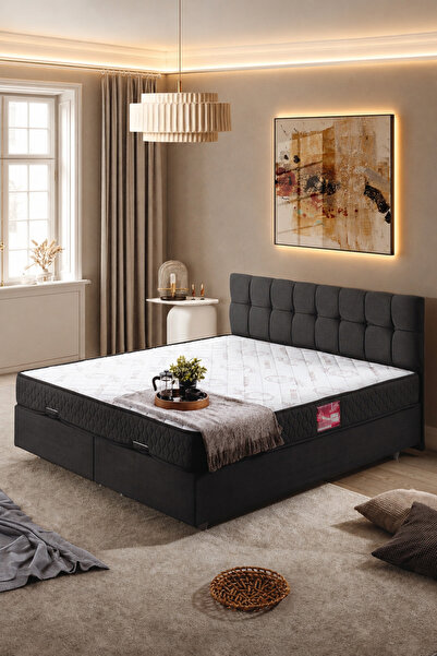 Setay Berlin Çift Kişilik Baza Başlık Letto Yatak Seti, Antrasit Gri