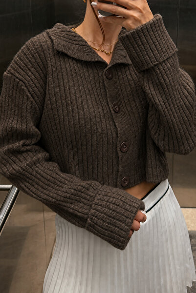 Noi Belis Basic Crop Soft Textured Stand Collar Knitwear Cardigan Aw25Hi0004