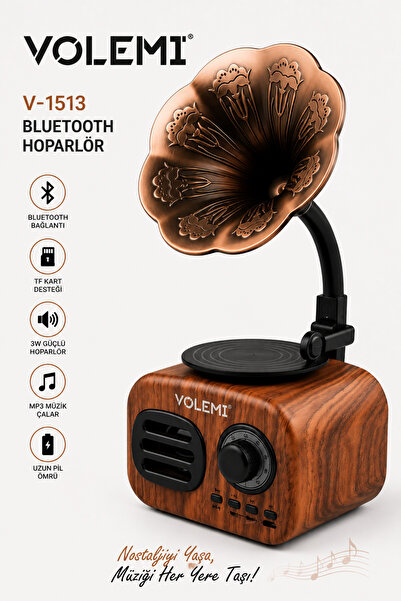 VOLEMİ 1513 Nostalji Gramofon Bluetooth Hoparlör Kablosuz Taşınabilir Ses Tas...