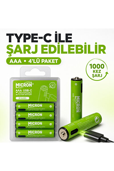 Micron AAA Şarj Edilebilir Pil 1.5V 180mAh USB Type-C Girişli İnce Kalem Pil ...