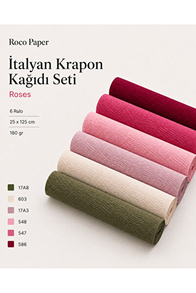 roco paper Italyan Krapon Kağıdı Set Roses – 180 gr - 25x125 Cm 6'lı Paket - ...