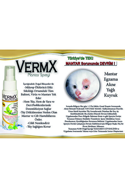 VERMX-TR DOĞAL HAYVAN SAĞLIĞI ÜRÜNLERİ VERMX SPREY Kediler için Doğal Mantar Akne Yağlı Kuyruk Deri ve Tüy Bakım Spreyi