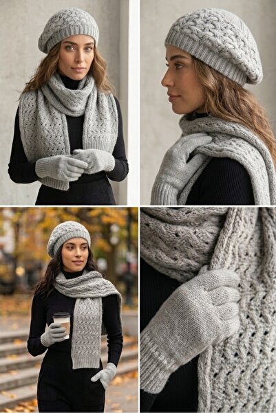 EKstore Комплект шал, шапка и ръкавици - 3-компонентен комплект, сив