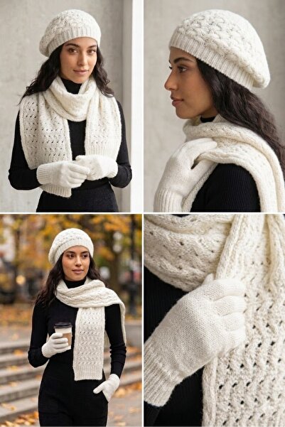 EKstore White Scarf Beanie Gloves Set - Set of 3