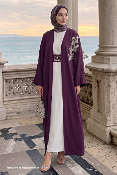 InStyle Purple Abaya with Embellished Collar and Batwing Sleeves