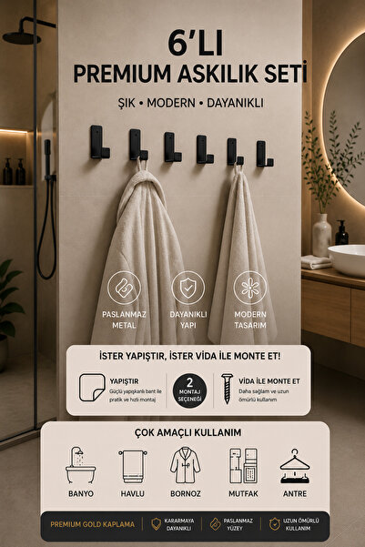 ELİSA Mat Siyah Metal Banyo Askılığı 6’lı Duvar Askısı | Havlu Bornoz Askısı ...