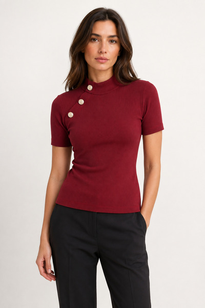 Sienza Women's Burgundy Half Turtleneck Button Accent Pack Blouse
