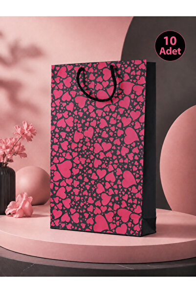 TPAK Siyah Pembe Kalp Desenli Karton Hediye Çantası İp Saplı 10 Adet 24,5 x 3...
