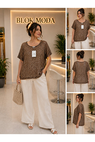 MODA Kahverengi Payet Detaylı File Dokulu Oversize Bluz
