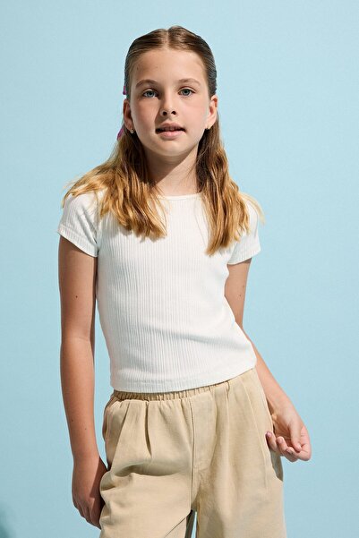 DeFacto Crew Neck Ribbed Short Sleeve Ecru T-Shirt Girls I0993A826Au