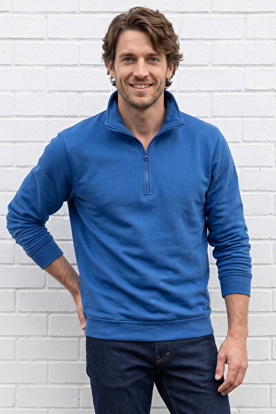 RELAXIA Men's Cobalt Blue Cotton Zippered Polo Neck Sweatshirt Comfortable Fi...