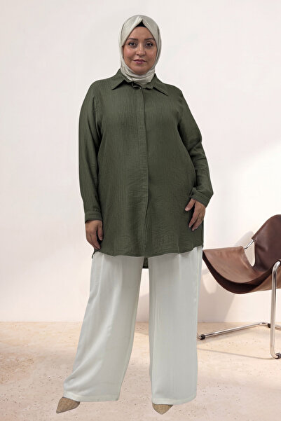 Eslina 68064 Plus Size Double Tensel Shirt with Hidden Placket - Khaki
