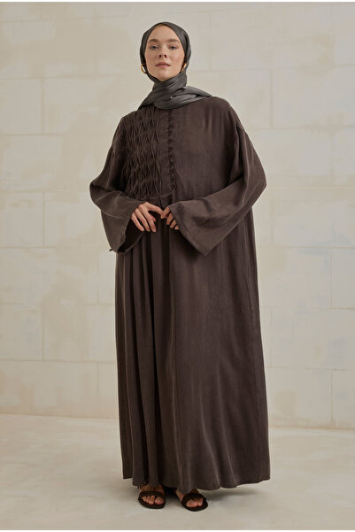 HEQA Nervür Motifli Liyosel Abaya Acı Kahve