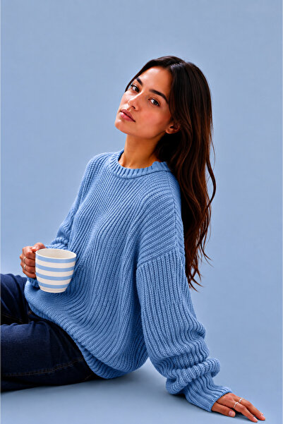 MODASPARK Blue Crew Neck Oversize Women's Knitwear Sweater