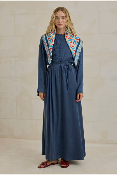 HEQA Nervür Motifli Liyosel Abaya Kot Mavi