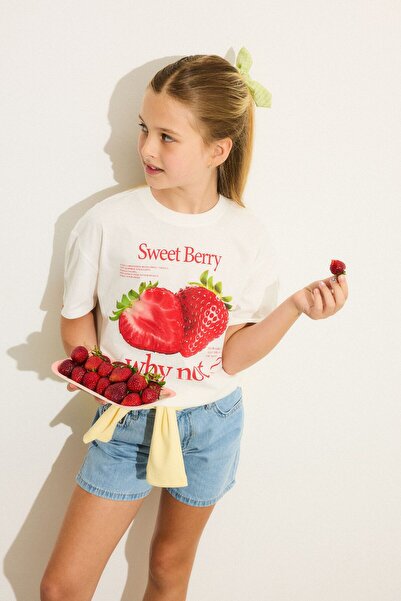 DeFacto 100% Cotton Regular Fit Boat Neck Strawberry Printed Combed Cotton Sh...