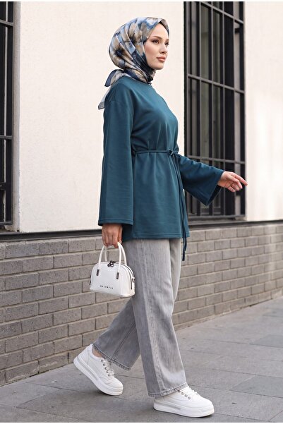 Modamorfo Round Neck Tie-Waist Combed Cotton Tunic -Petrol