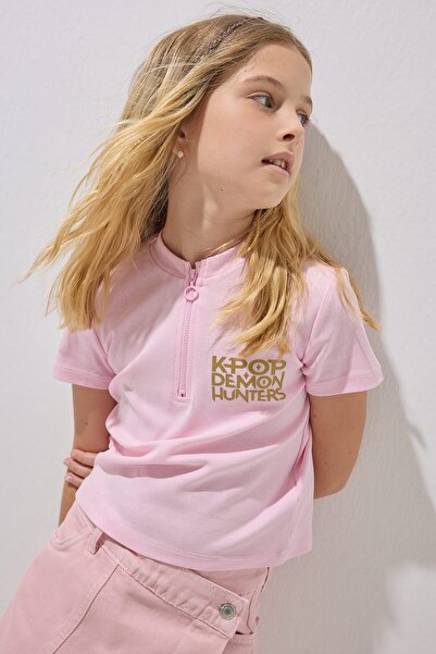 DeFacto Kpop Demon Hunters Half Zipper Short Sleeve T-Shirt Girls' H9630A826Au