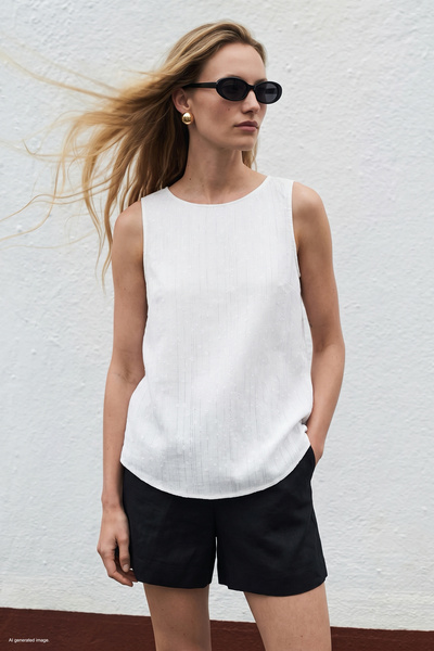 Sateen Textured Sleeveless Blouse - Ecru