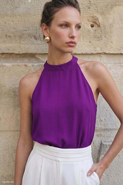 Sateen Μπλούζα με λαιμόκοψη halter - Μωβ