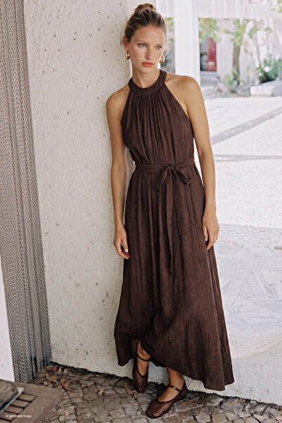 Sateen Rochie cu curea - Maro