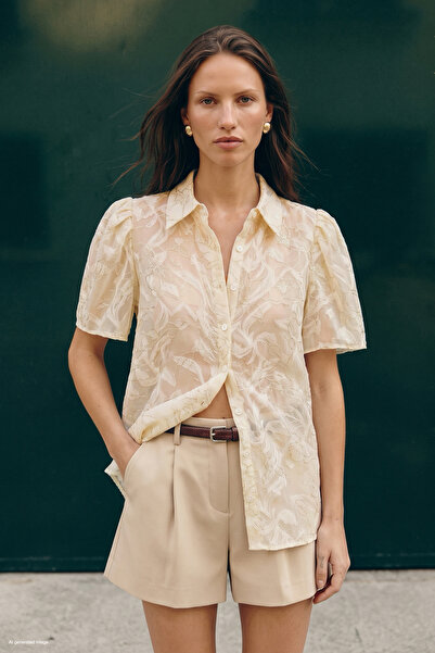 Sateen Embroidered Short Sleeve Shirt - Beige