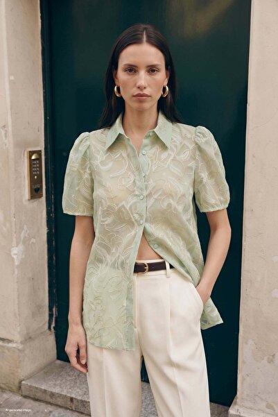 Sateen Nakışlı Kısa Kollu Gömlek - Mint