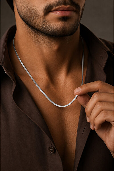 ALCONDZEND 316L Steel Men's Italian Flat Chain Silver Color Necklace