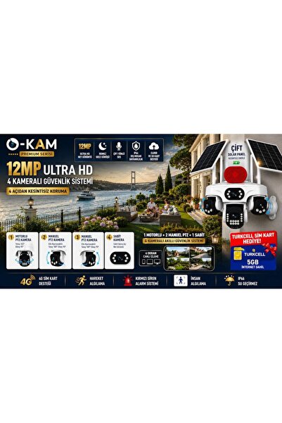 O-KAM OK337B Premium 12MP 4 Kameralı 4G Çift Solar Panel AOV Gece Görüş Sesli Konuşma Akıllı Kamera 1 Ay Turkcell Sim Kart