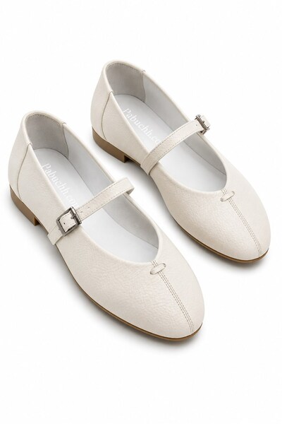 Parponi Will Belted Round Toe Genuine Leather Ballerinas Ecru