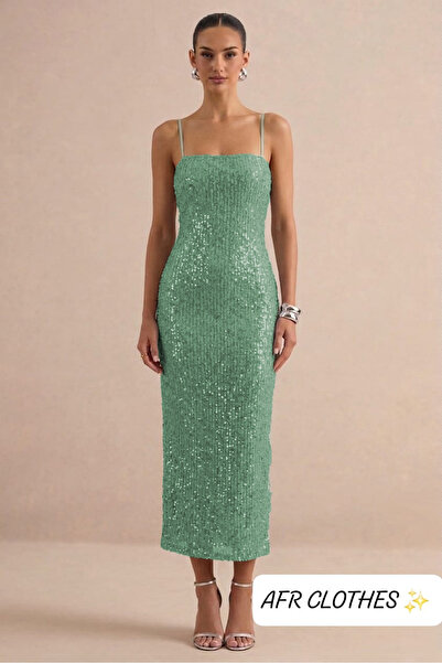 AFR CLOTHES KADIN İP ASKILI İÇİ ASTARLI PAYETLİ MİDİ ABİYE ELBİSE