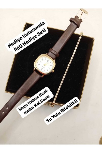 Brality HEDİYE KUTUSUNDA İKİLİ SET , Vintage Model Kadın Kol Saati GOLD RENK ...