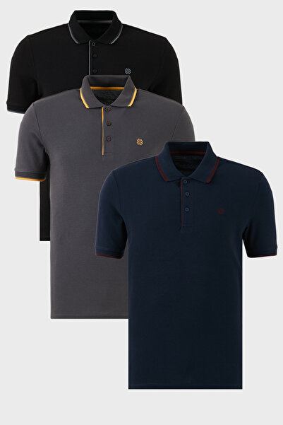 Buratti Cotton Regular Fit Stripe Detailed Buttoned Polo Collar 3-Pack t Shir...