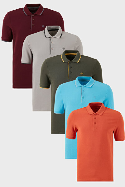 Buratti Cotton Regular Fit Buttoned Polo Neck 5'Li Package t Shirt Men t Shir...