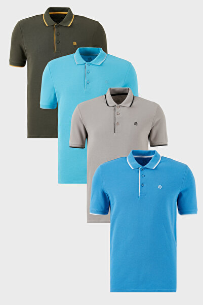Buratti Cotton Regular Fit Stripe Detailed Buttoned Polo Collar 4-Pack t Shir...
