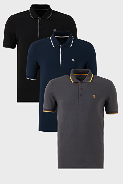 Buratti Cotton Regular Fit Stripe Detailed Buttoned Polo Collar 3-Pack t Shir...