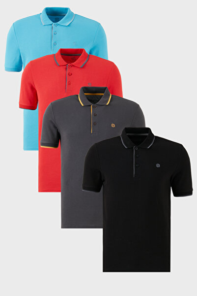 Buratti Cotton Regular Fit Stripe Detailed Buttoned Polo Collar 4-Pack t Shir...