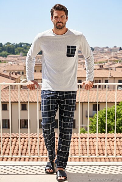 Buratti Plaid Pocketed Elastic-Waist 100% Cotton Regular Fit Pajama Set Men’s...