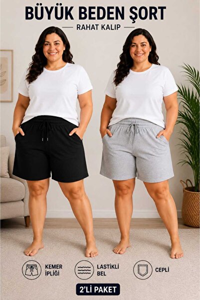 HEAVEN WEAR 2 Lİ şort KADIN BÜYÜK BEDEN gri VE SİYAH BERMUDA CEPLİ ŞORT